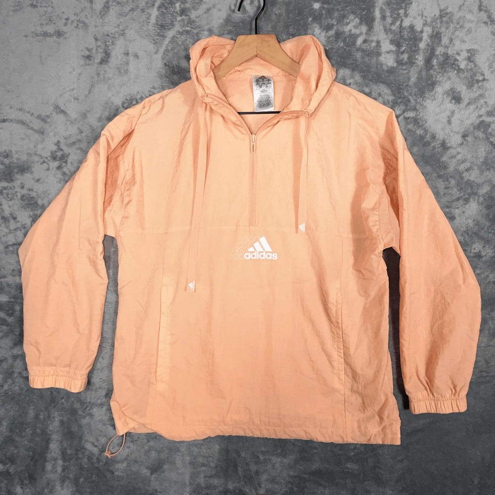 Adidas Womens Anorak Windbreaker‎ Jacket Size S Peach Hooded Half Zip Pullover